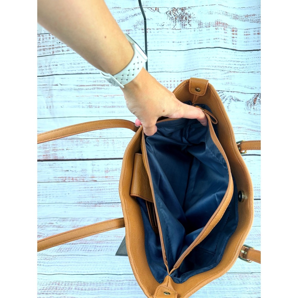 Bueno Navy Blue Cognac Brown Pebbled Vegan Leather Triple Compartment Tote Bag - Picture 7 of 7